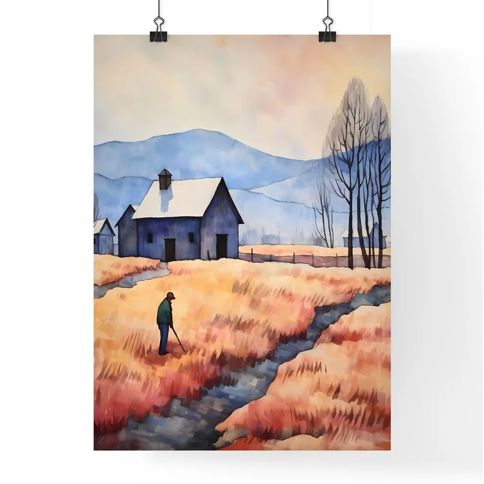 Watercolor Painting Of A Man Walking Through A Field With A House Art Print Poster