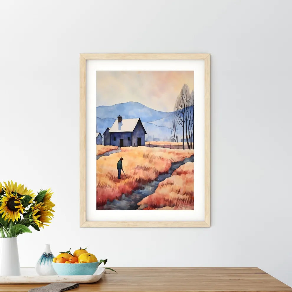 Watercolor Painting Of A Man Walking Through A Field With A House Art Print Size Chart