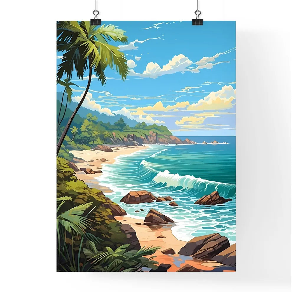 Beach With Palm Trees And Waves Art Prin Poster