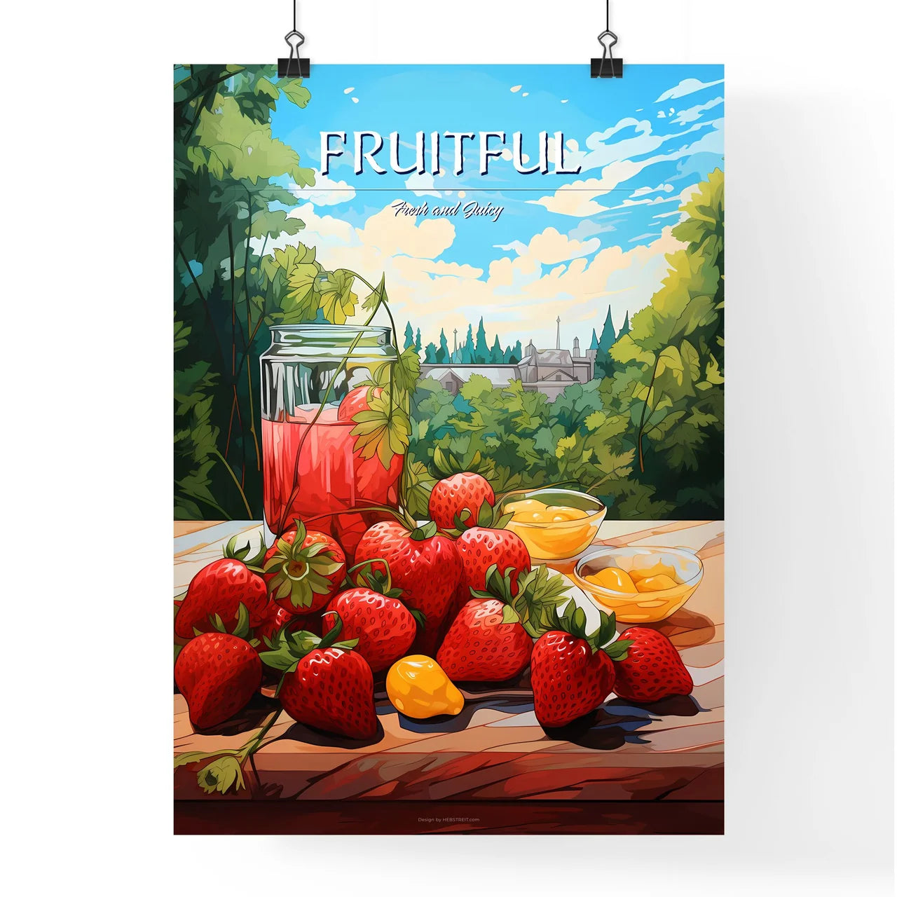 Group Of Strawberries And A Jar Of Fruit Art Poster