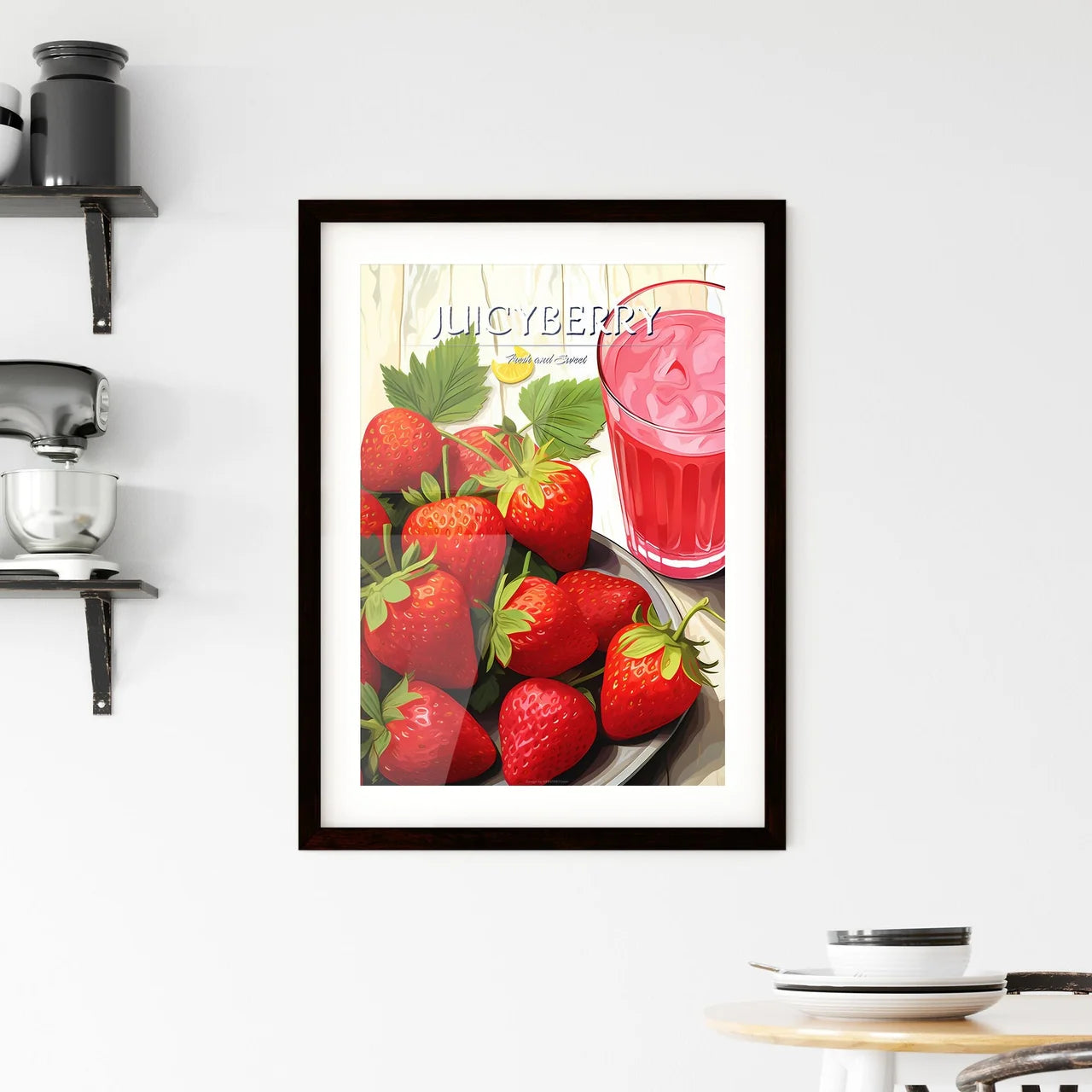 Plate Of Strawberries And A Glass Of Pink Ju Framed Print