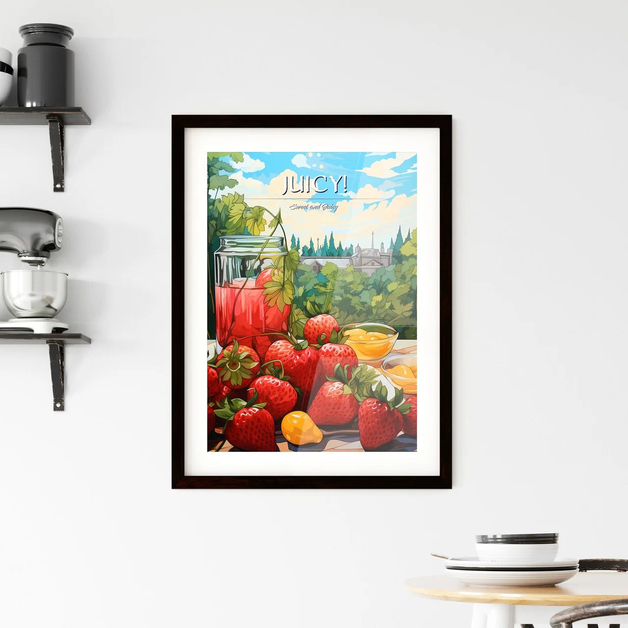 Painting Of Strawberries And A Glass Of Juic Framed Print