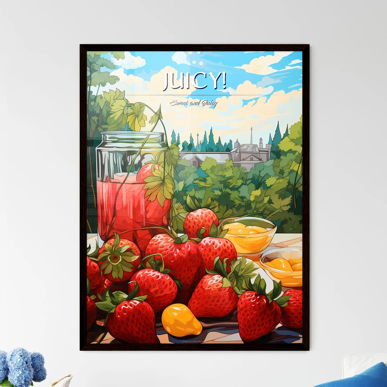 Painting Of Strawberries And A Glass Of Juic - Framed Art Print
