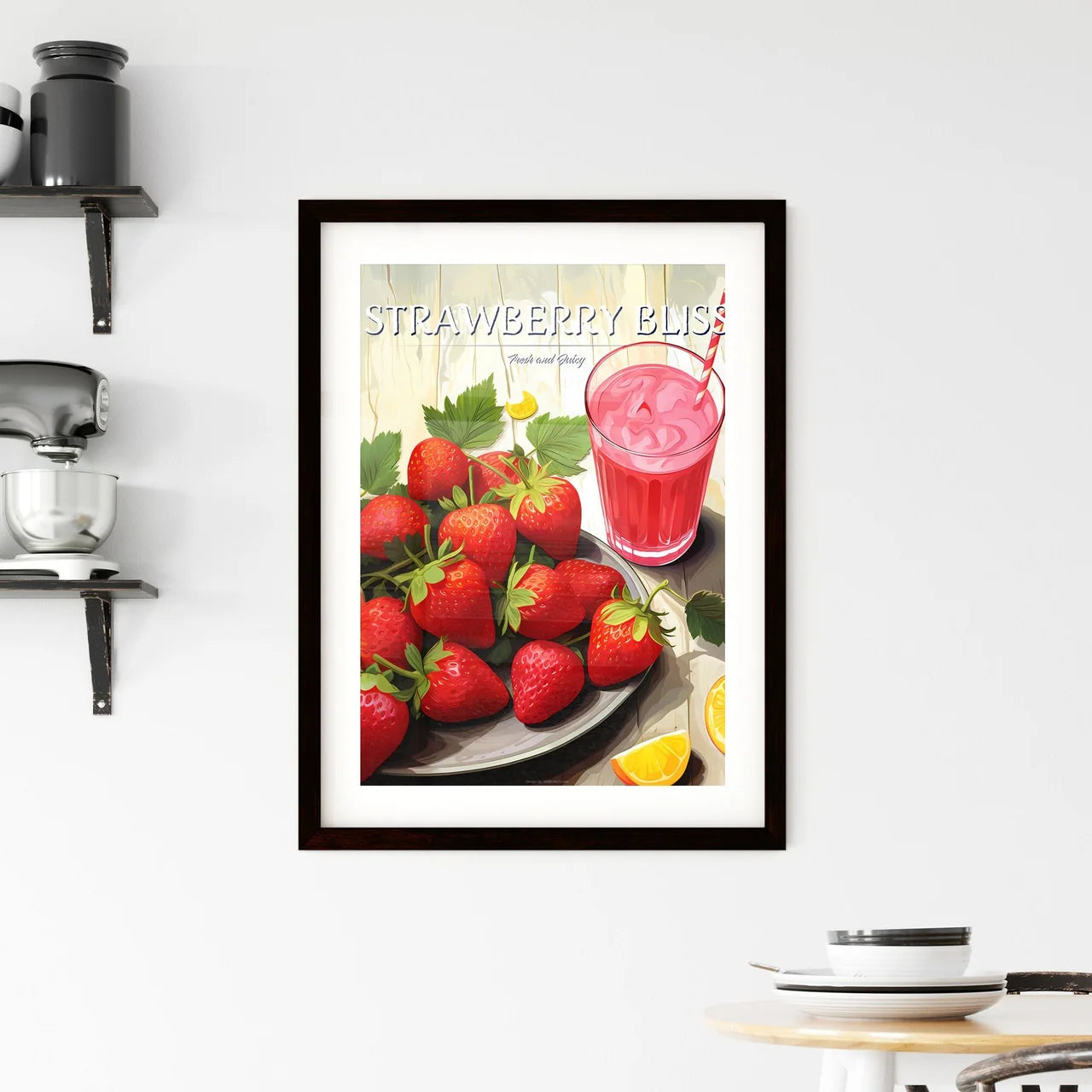 Plate Of Strawberries And A Glass Of Pink Ju Framed Print