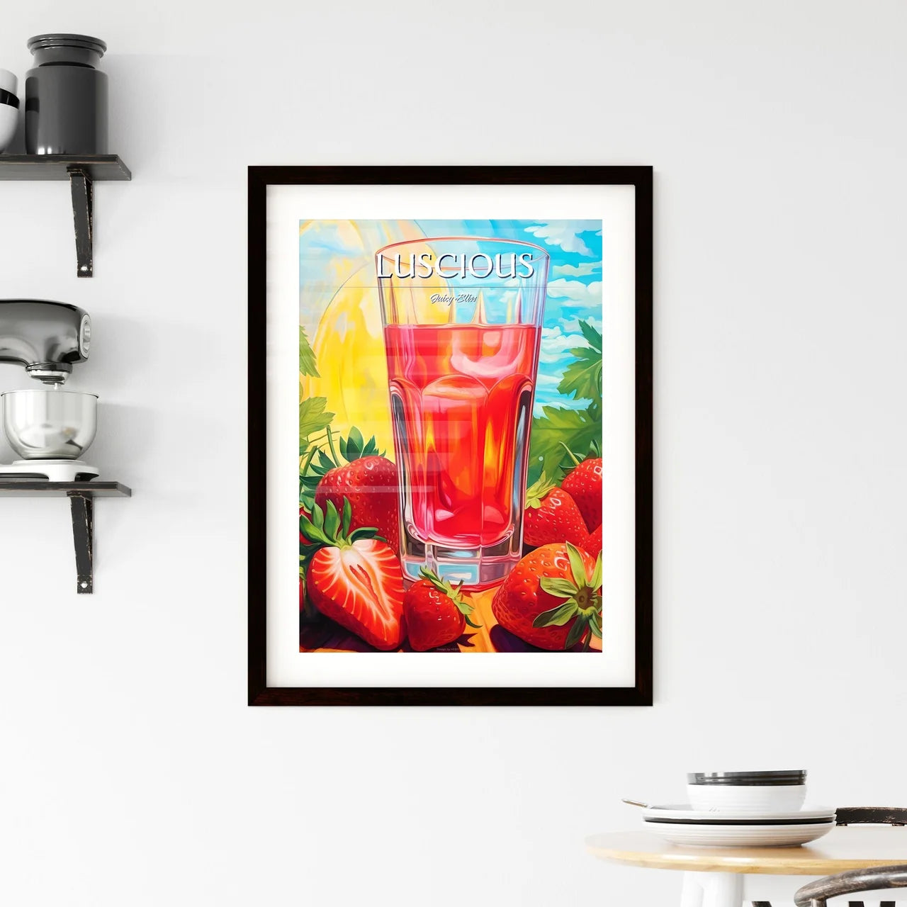 Glass Of Red Liquid Next To Strawberries Art Framed Print