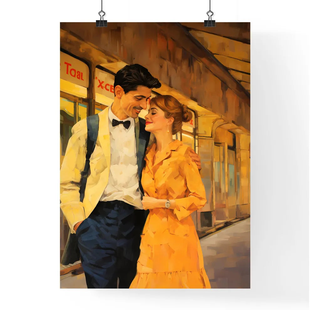 Man And Woman Hugging On A Train Art Prin Poster