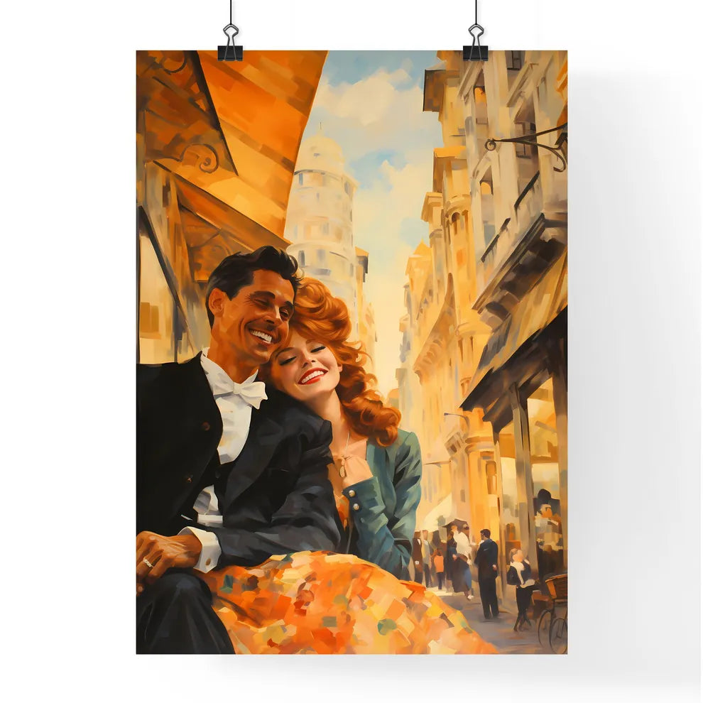 Man And Woman Smiling And Sitting On A Bench In A City Art Print Poster