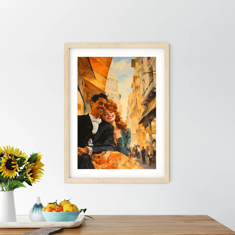 Man And Woman Smiling And Sitting On A Bench In A City Art Print Size Chart