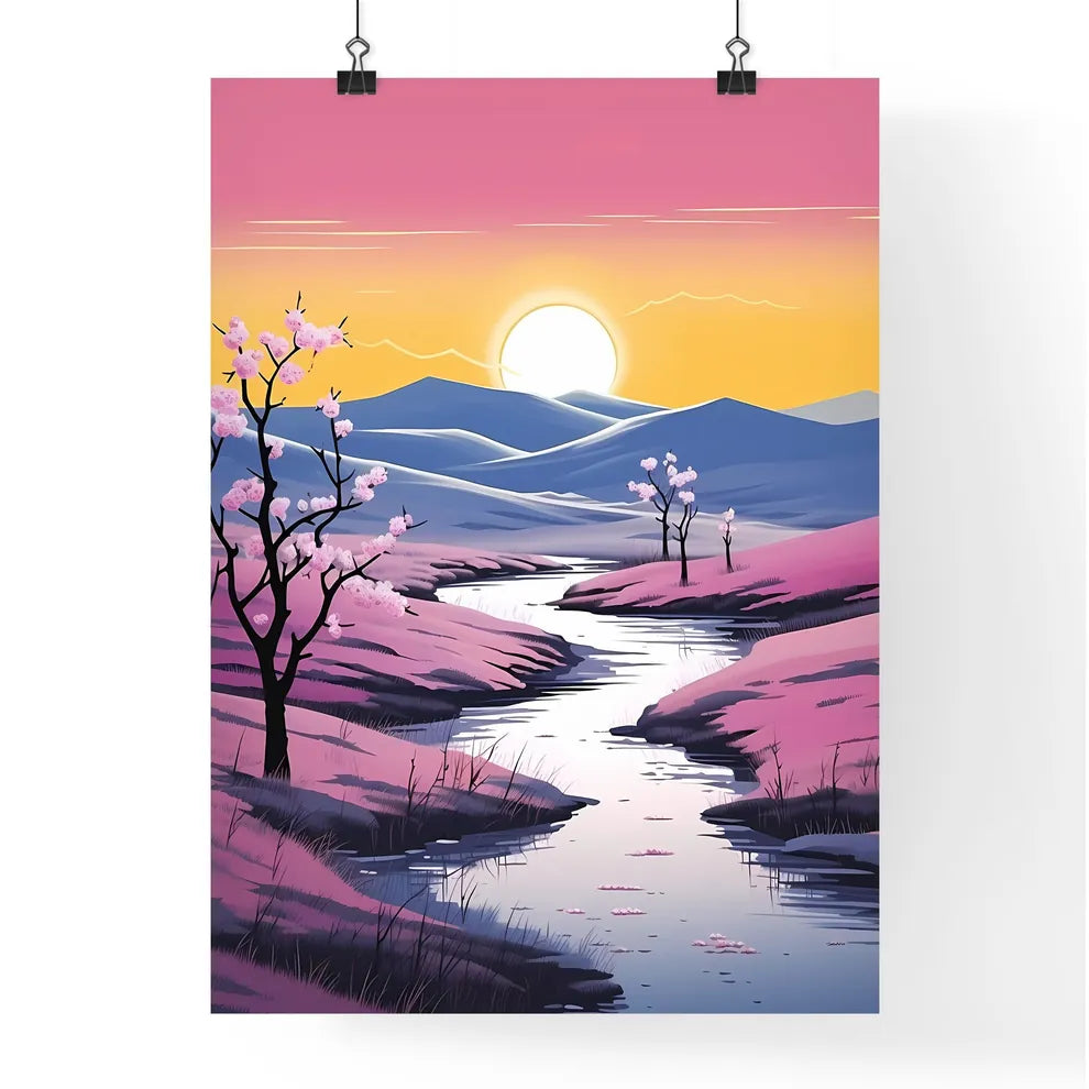 River Running Through A Valley With Pink Flo Poster