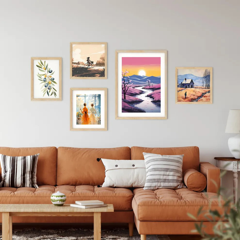 River Running Through A Valley With Pink Flo Framed Print