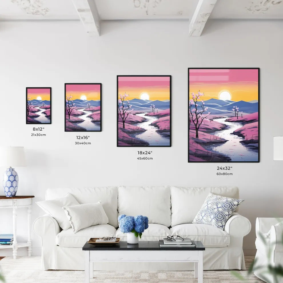 River Running Through A Valley With Pink Flo Wall Art