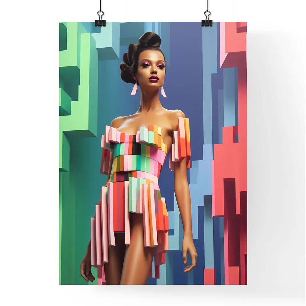 Woman Wearing A Dress Made Of Colorful Strip Poster