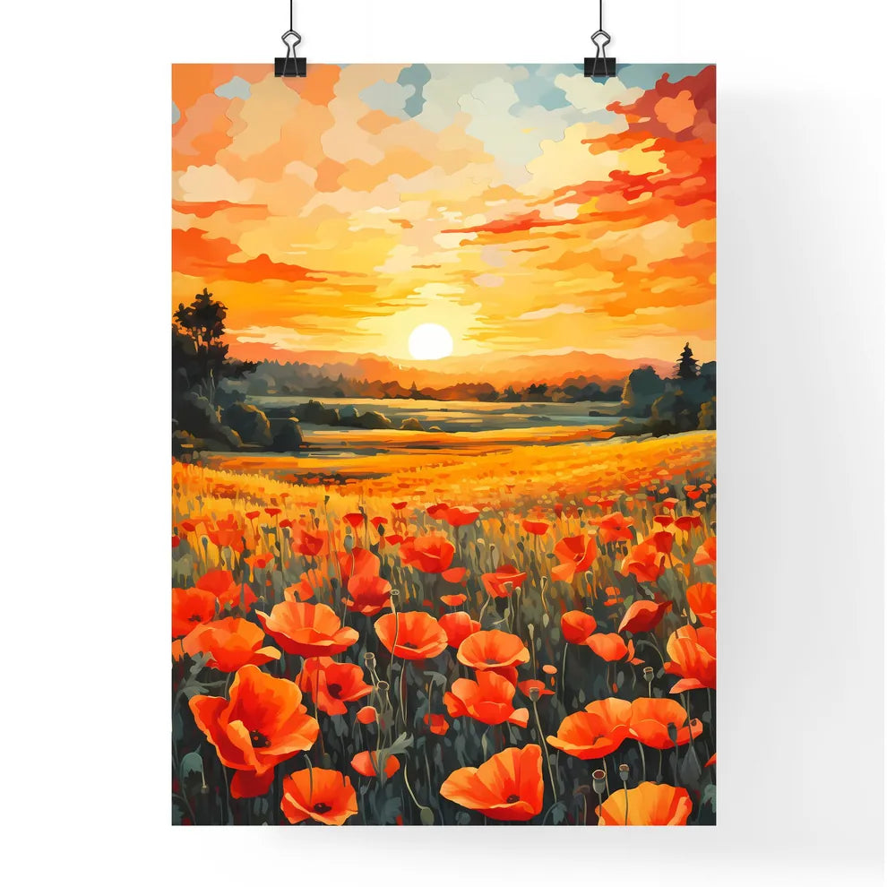 Field Of Flowers With A Sunset In The Backgr Poster
