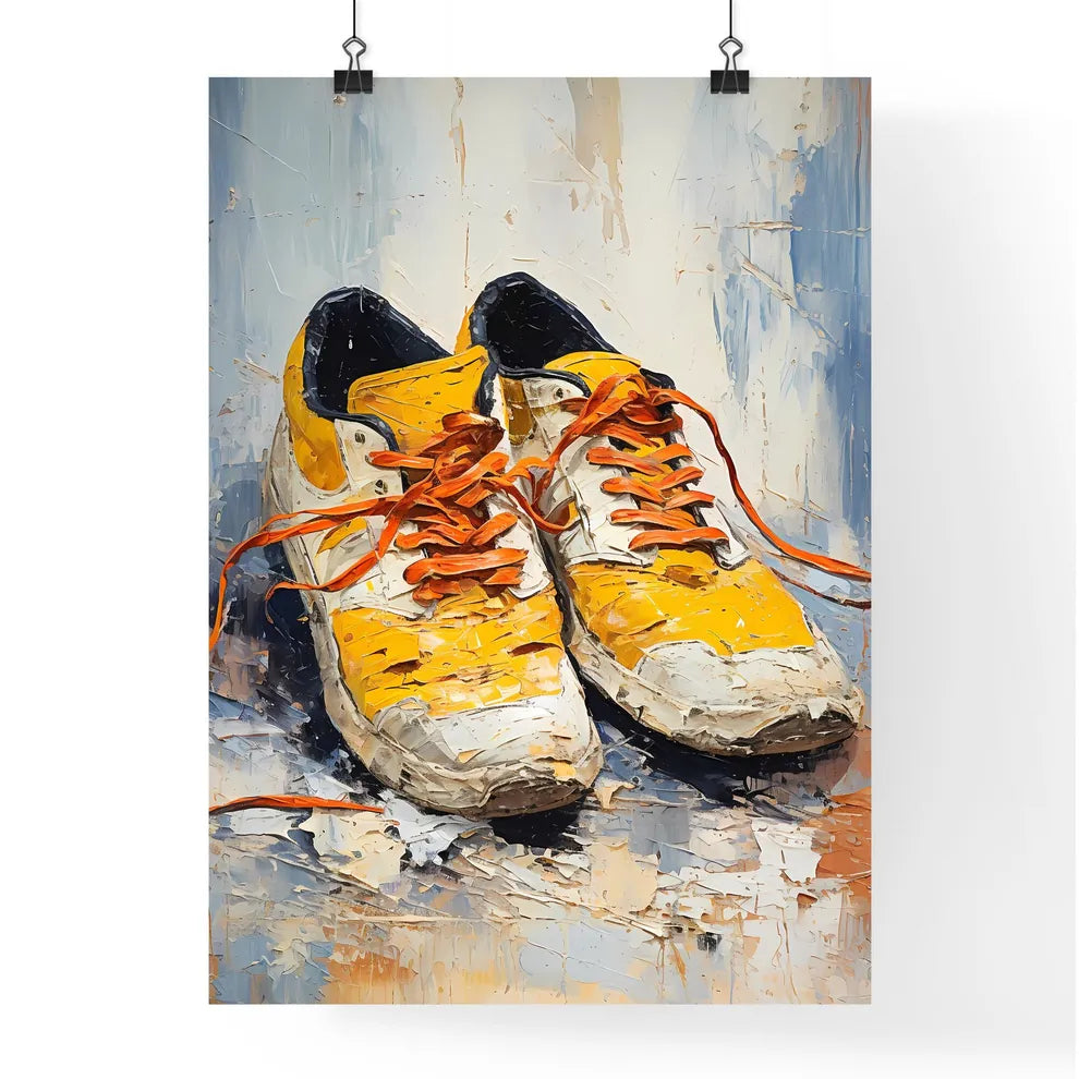 Pair Of Yellow And Black Shoes With Orange L Poster