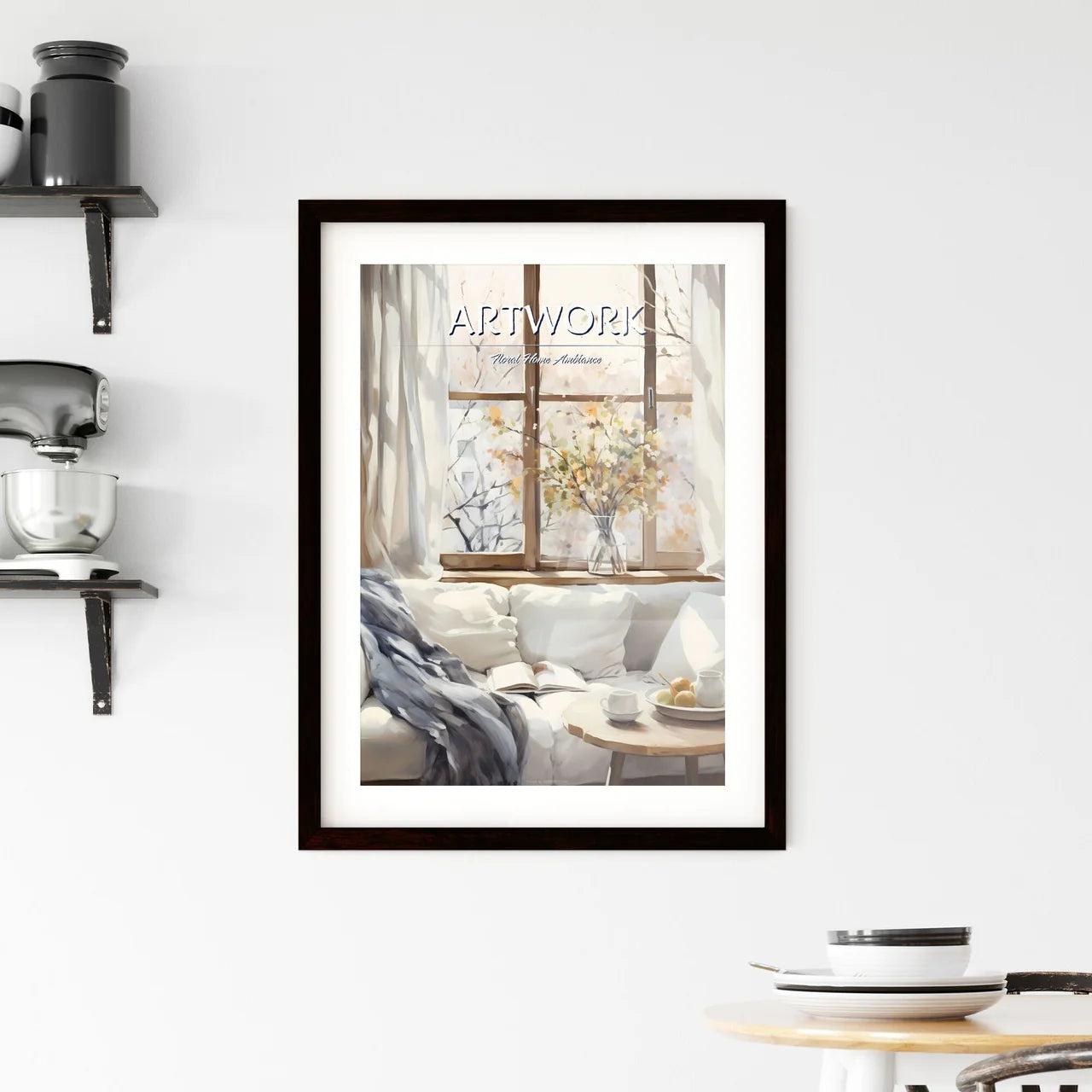 Painting Of A Couch With A Vase Of Flowers A Framed Print