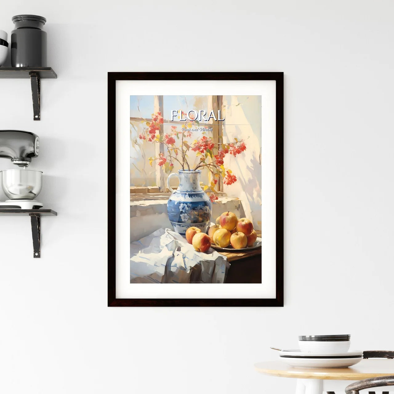 Painting Of A Vase Of Flowers And Apples Art Framed Print