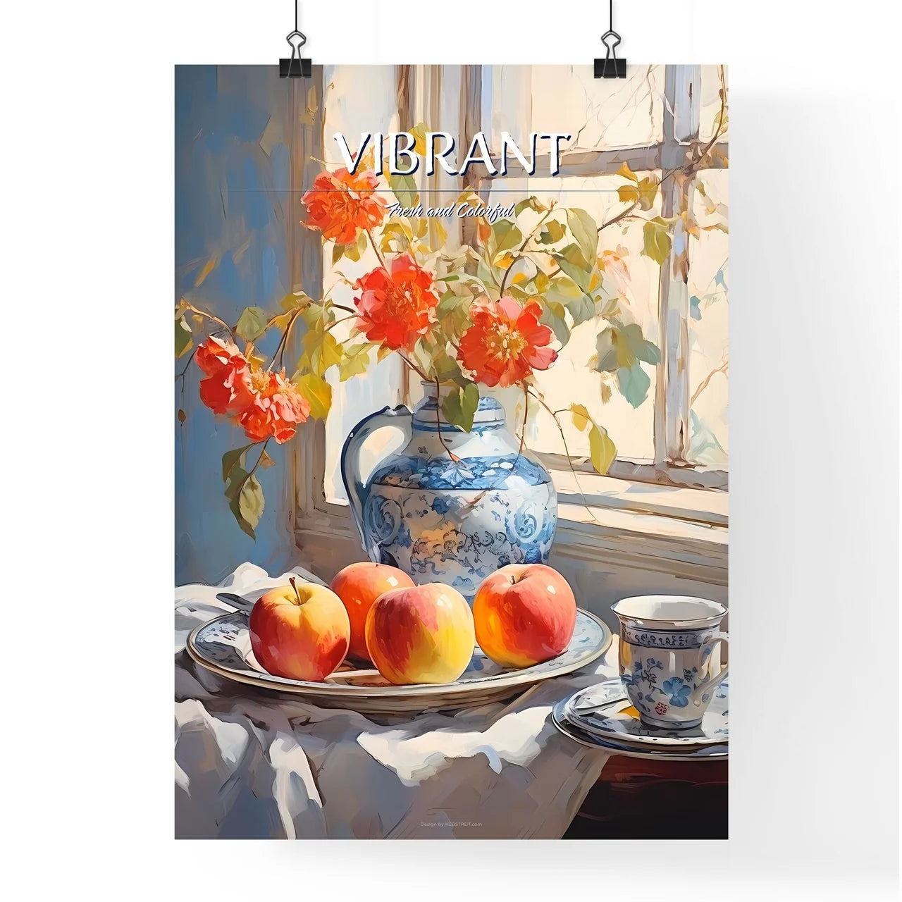 Painting Of A Vase Of Flowers And Apples On  Poster
