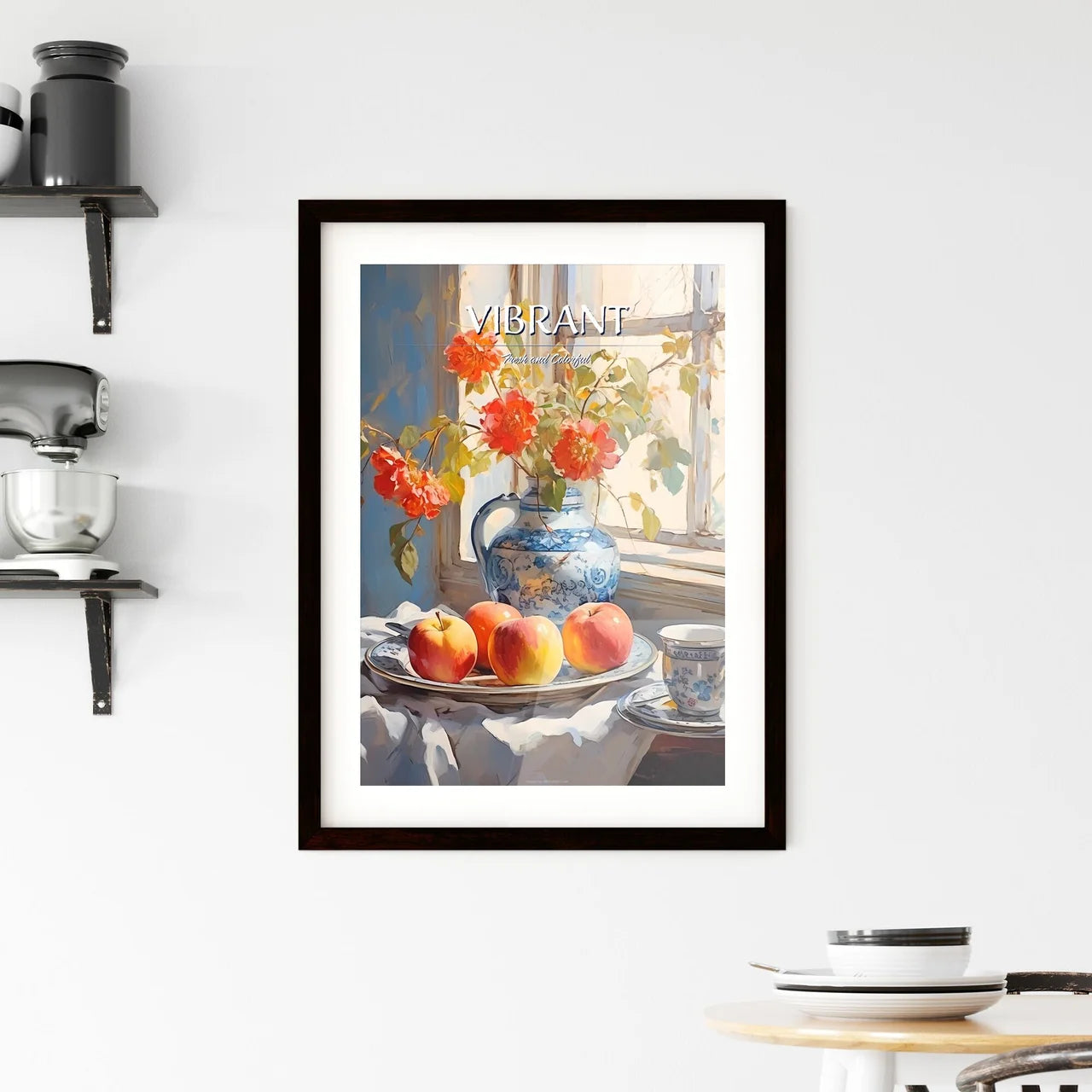Painting Of A Vase Of Flowers And Apples On  Framed Print