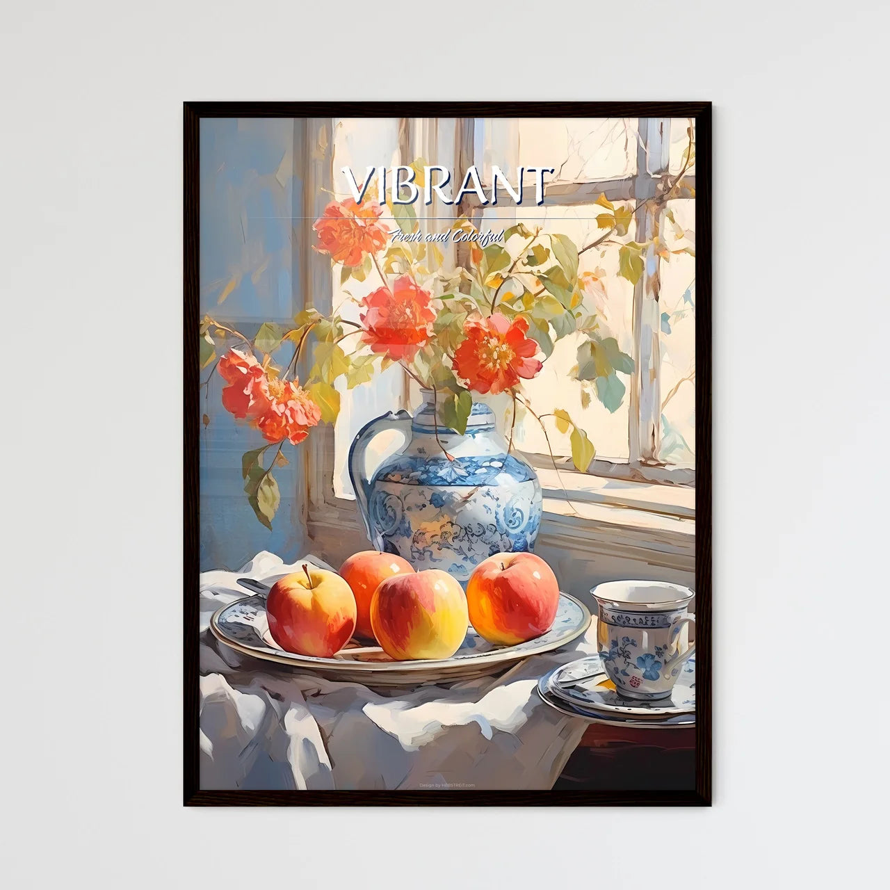 Painting Of A Vase Of Flowers And Apples On  - Framed Art Print
