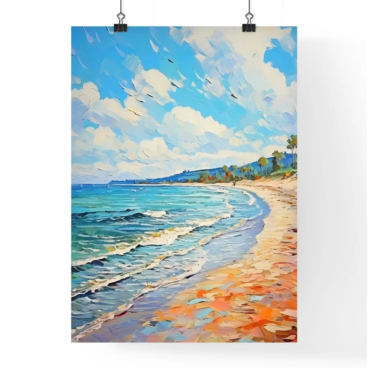 Painting Of A Beach With Waves And Trees Art Poster