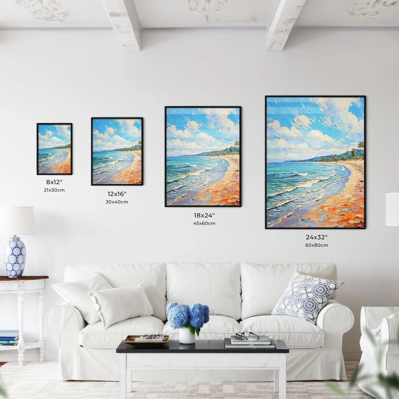 Painting Of A Beach With Waves And Trees Art Wall Art