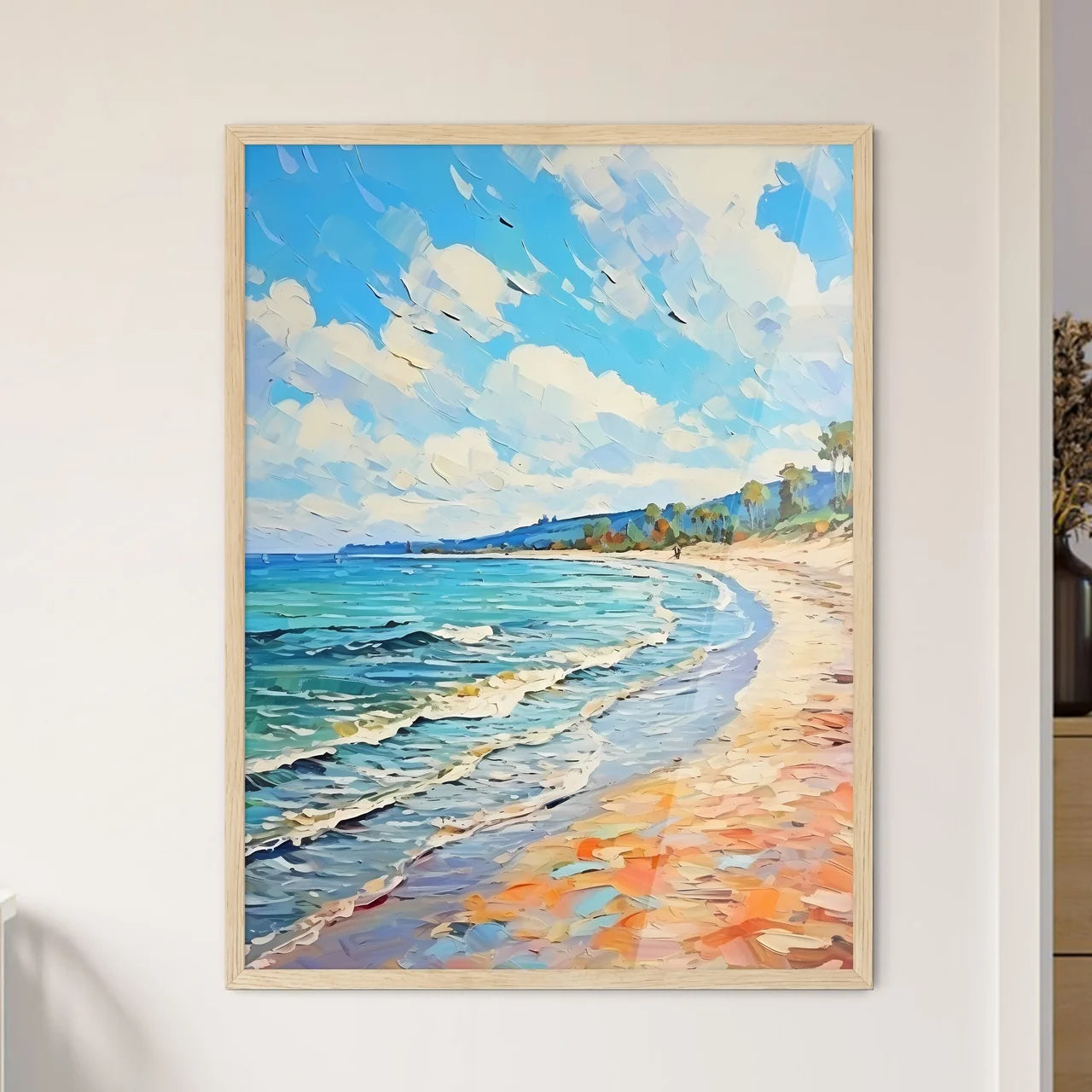 Painting Of A Beach With Waves And Trees Art - Framed Art Print