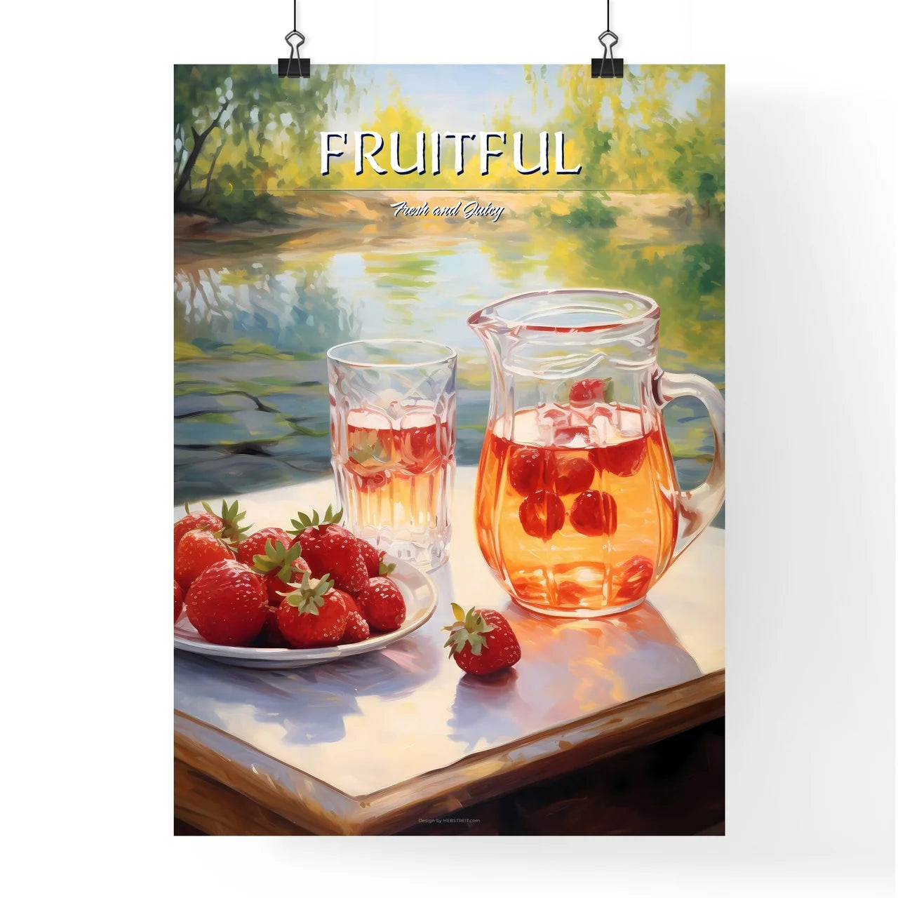 Pitcher And Glass Of Fruit Next To A Plate O Poster
