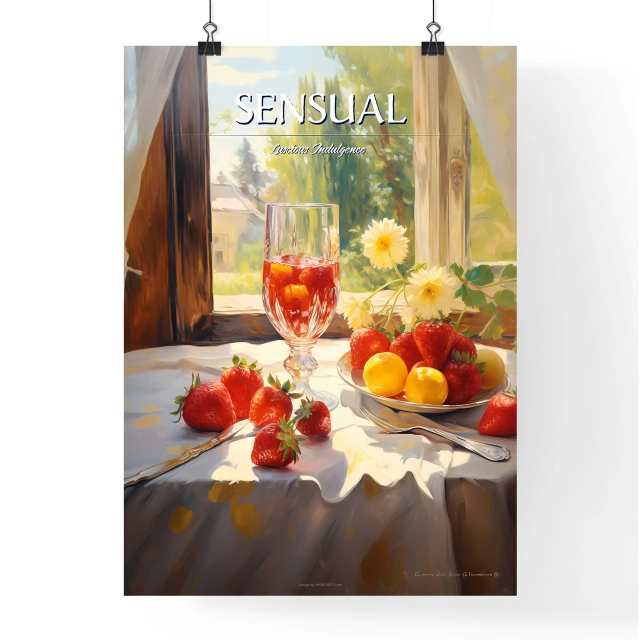 Glass Of Wine And Strawberries On A Table Ar Poster