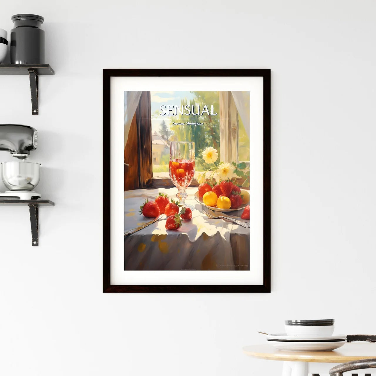 Glass Of Wine And Strawberries On A Table Ar Framed Print