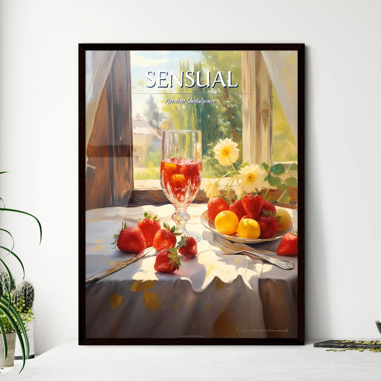 Glass Of Wine And Strawberries On A Table Ar - Framed Art Print