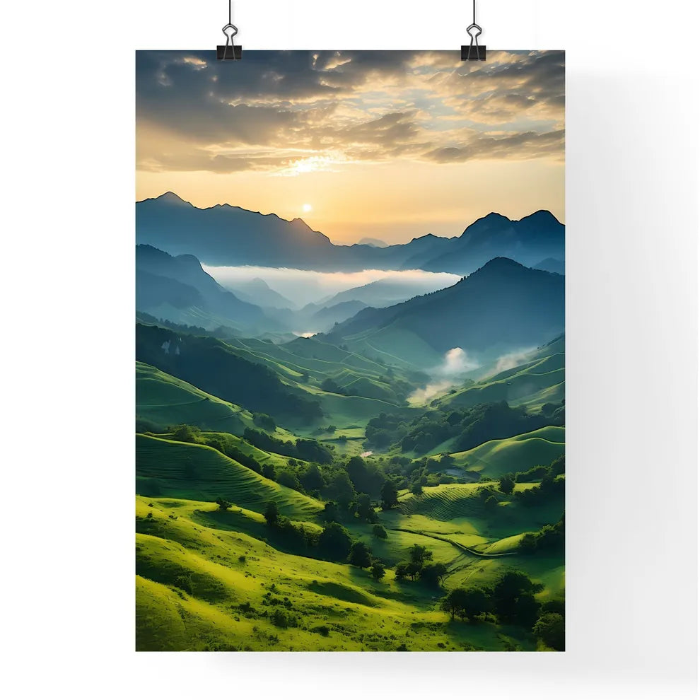 Green Hills With Trees And Mountains In The  Poster