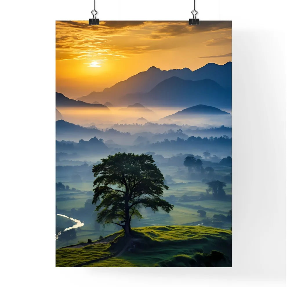 Tree On A Hill With Mountains In The Backgro Poster