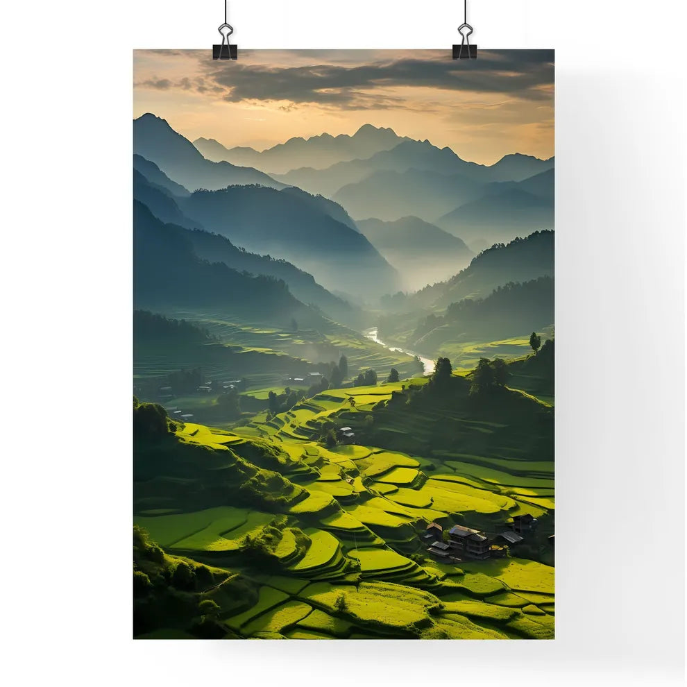 Green Valley With Mountains And A Small Vill Poster
