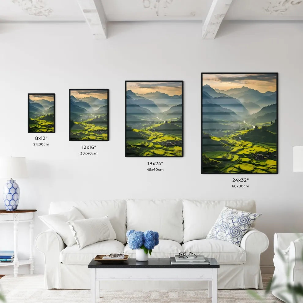 Green Valley With Mountains And A Small Vill Wall Art