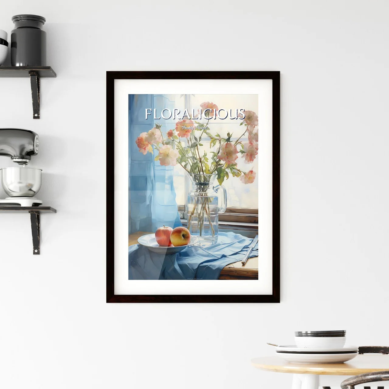 Vase Of Flowers And Apples On A Plate Art Pr Framed Print