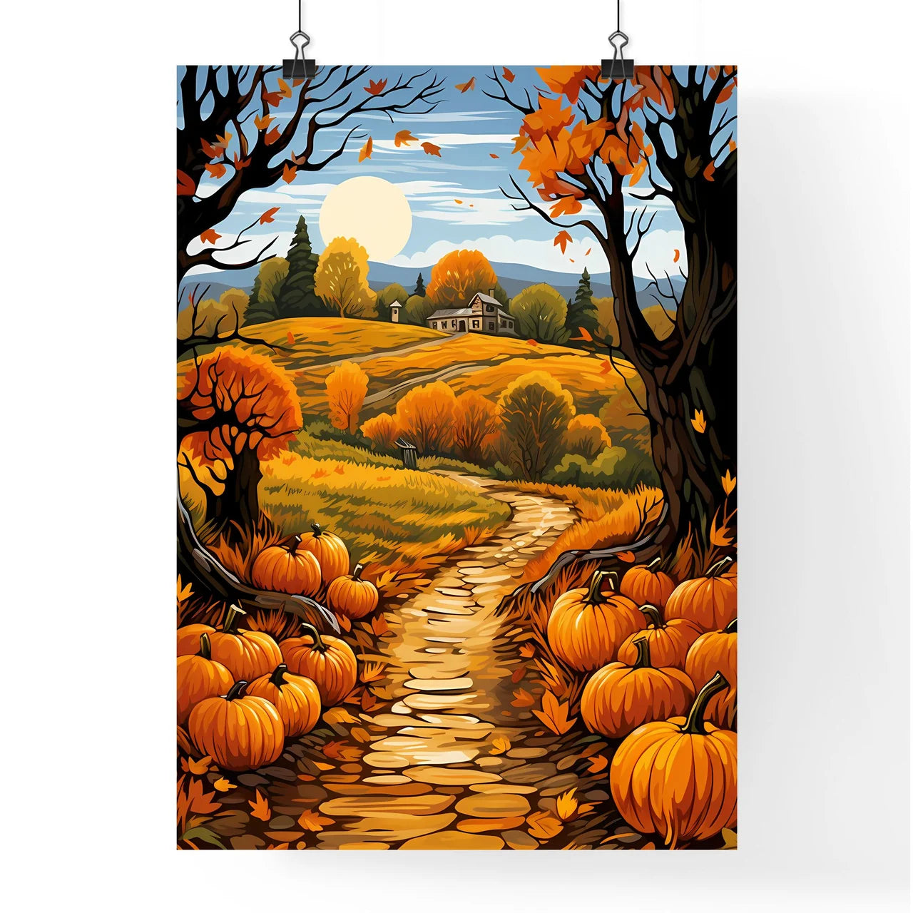 Painting Of A Path With Pumpkins And Trees A Poster