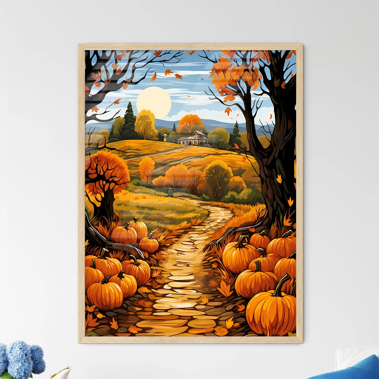 Painting Of A Path With Pumpkins And Trees A - Framed Art Print