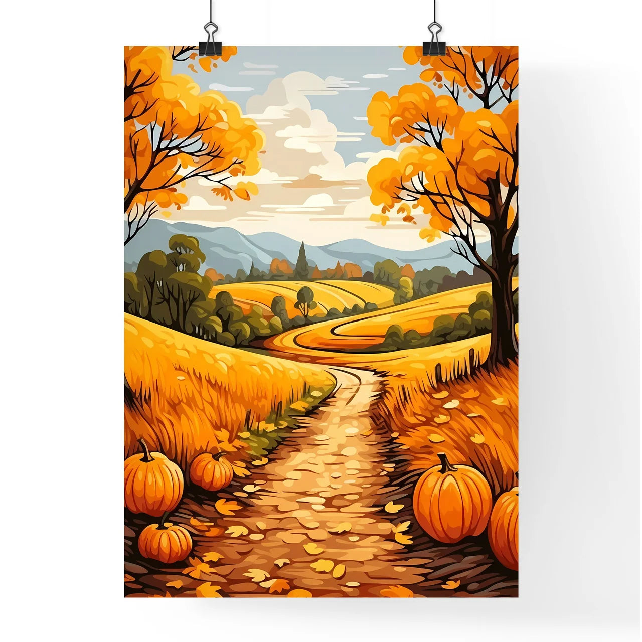 Road Through A Field With Pumpkins Art Prin Poster