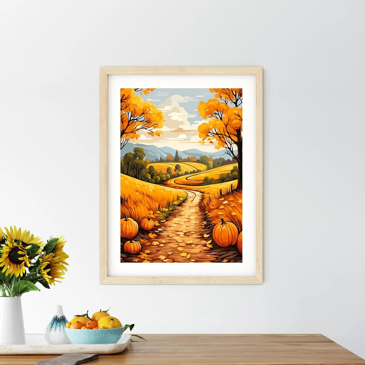 Road Through A Field With Pumpkins Art Prin - Kitchen Hangings