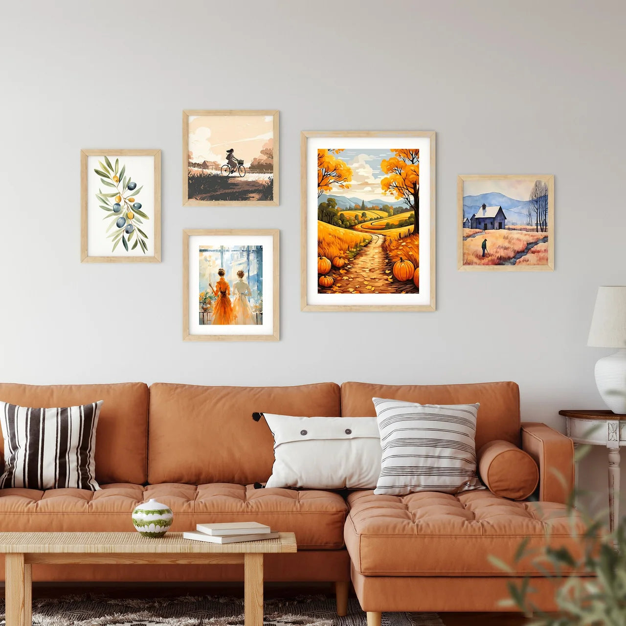Road Through A Field With Pumpkins Art Prin Framed Print