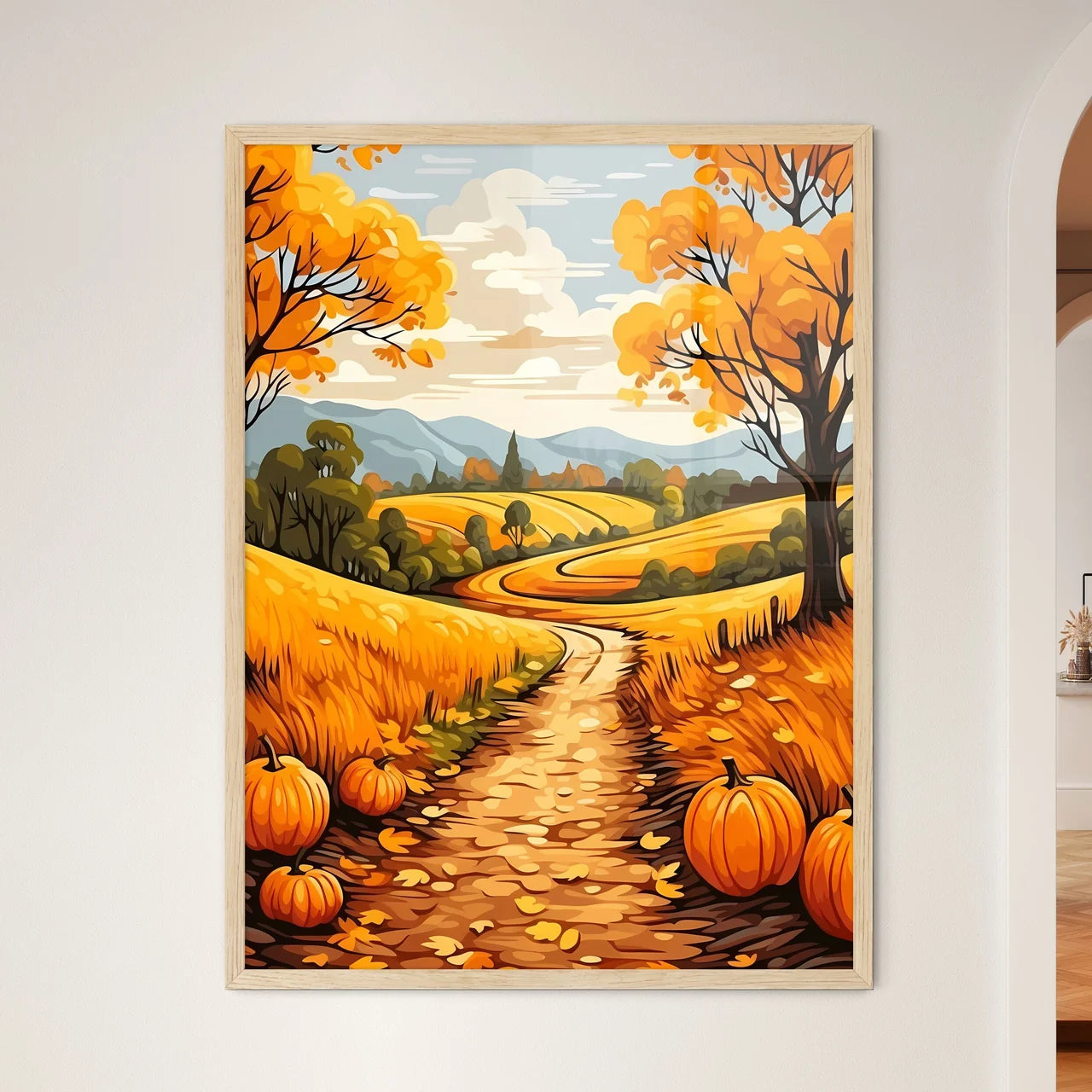 Road Through A Field With Pumpkins Art Prin - Framed Art Print