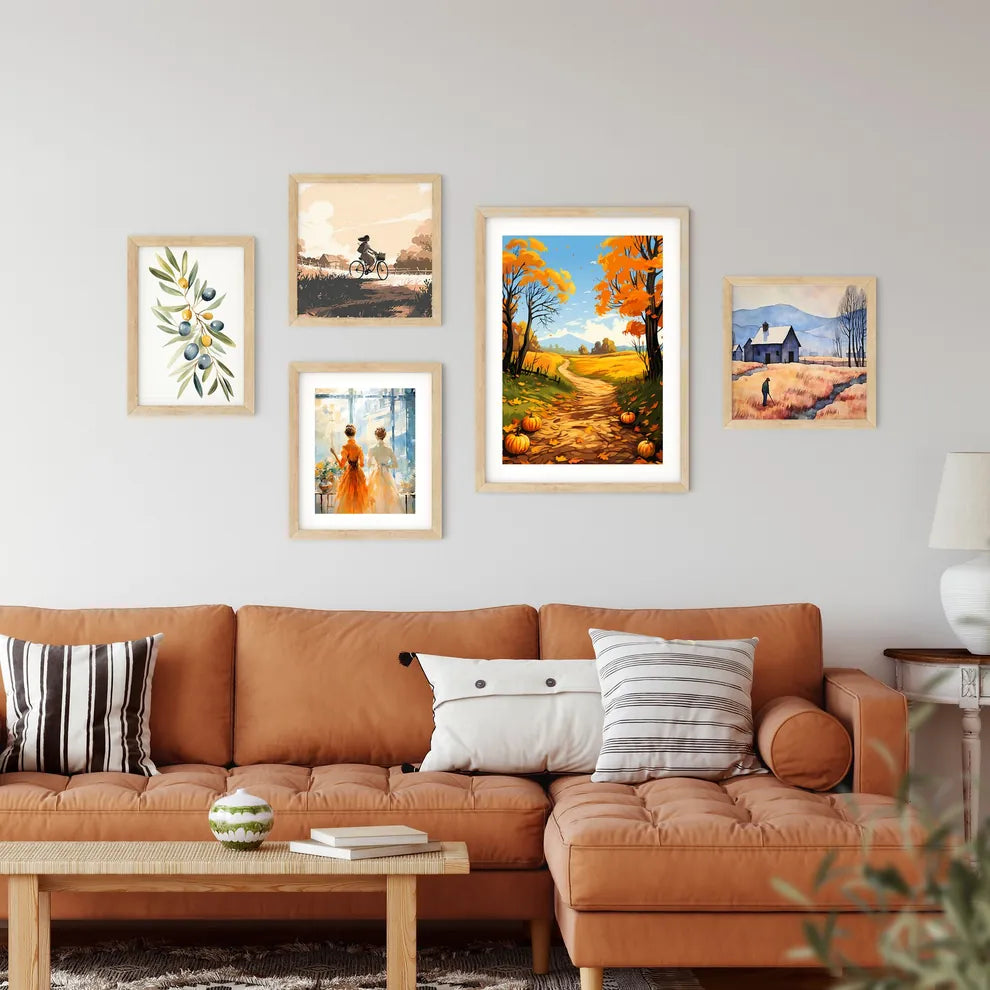 Painting Of A Path With Pumpkins And Trees A Framed Print