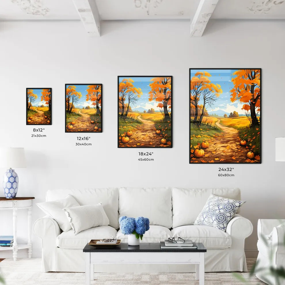 Painting Of A Path With Pumpkins And Trees A Wall Art