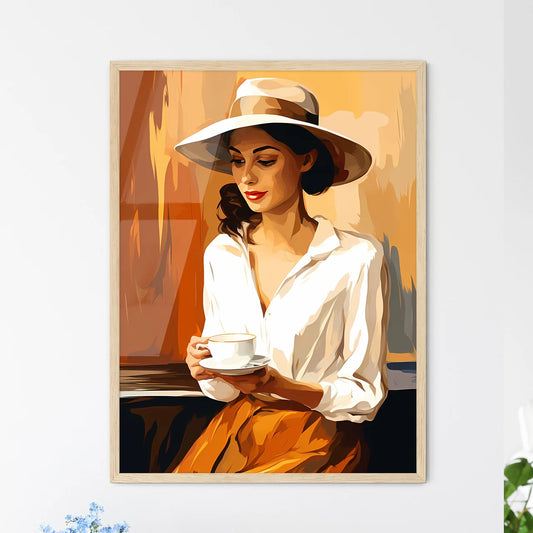Woman In A Hat Holding A Cup Art Prin - Framed Art Print