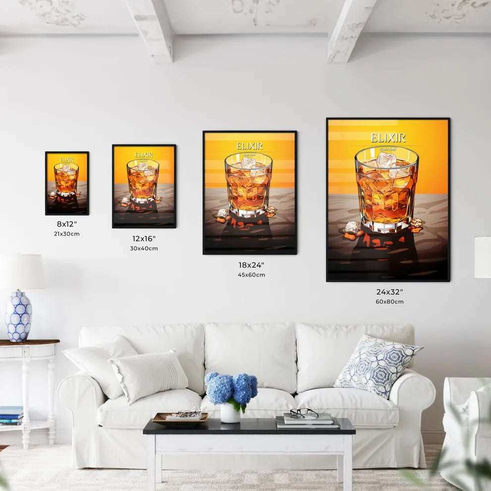 Glass Of Amber Liquid With Ice Cubes Art Pri - Kitchen Hangings