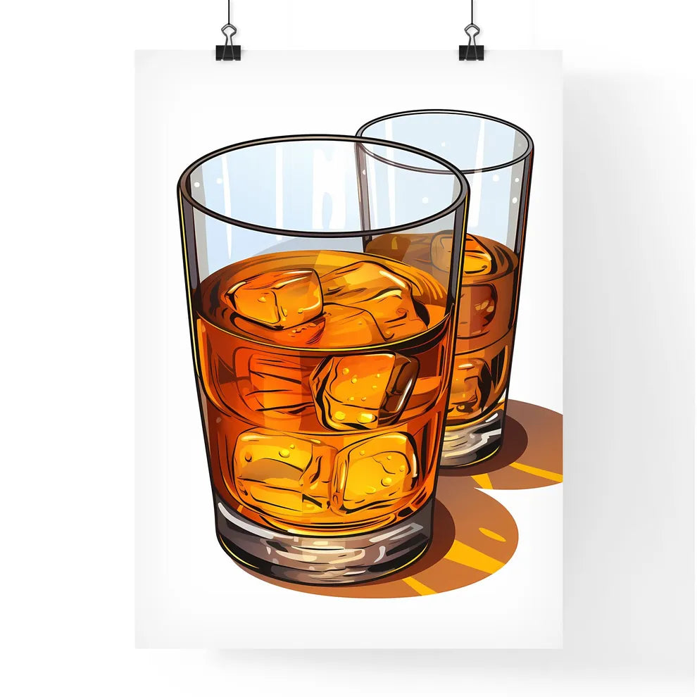 Two Glasses Of Amber Liquid With Ice Cubes A Poster