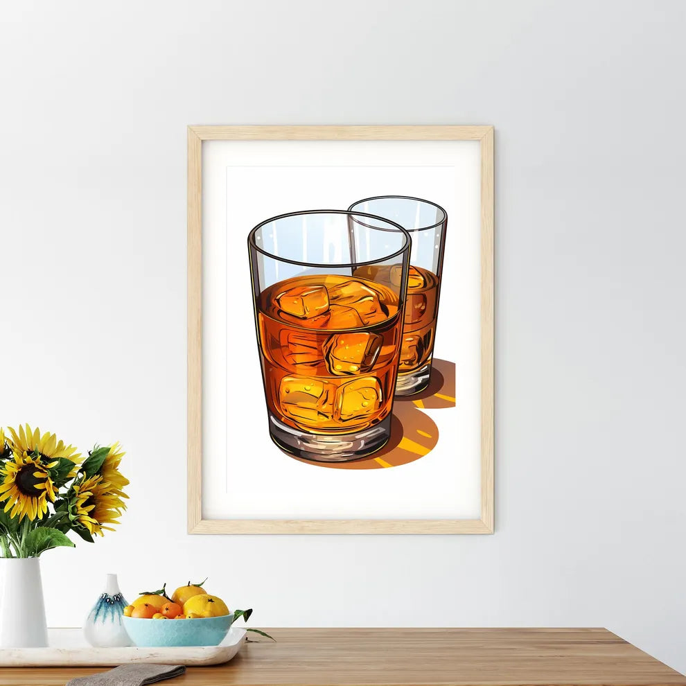 Two Glasses Of Amber Liquid With Ice Cubes A - Kitchen Hangings