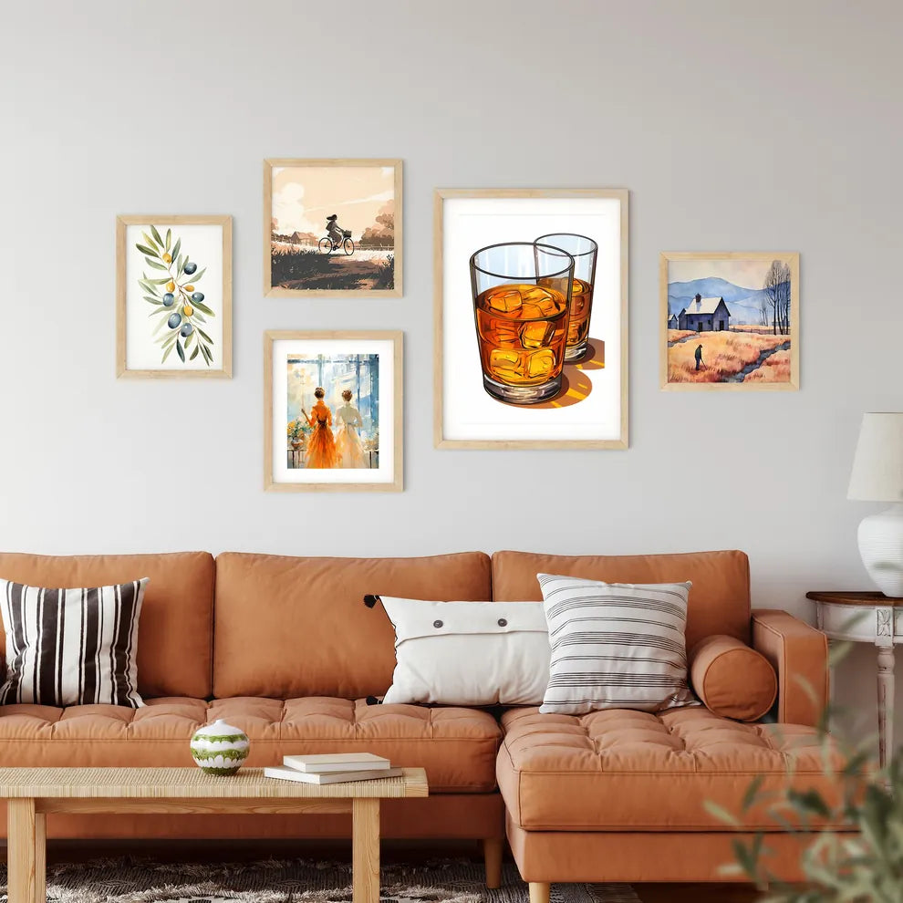 Two Glasses Of Amber Liquid With Ice Cubes A Framed Print