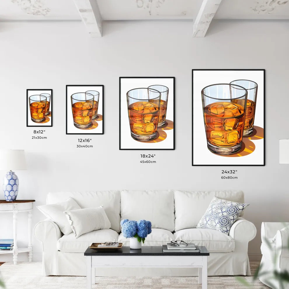 Two Glasses Of Amber Liquid With Ice Cubes A Wall Art
