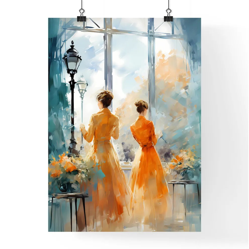 Two Women In Orange Dresses Looking Out A Wi Poster